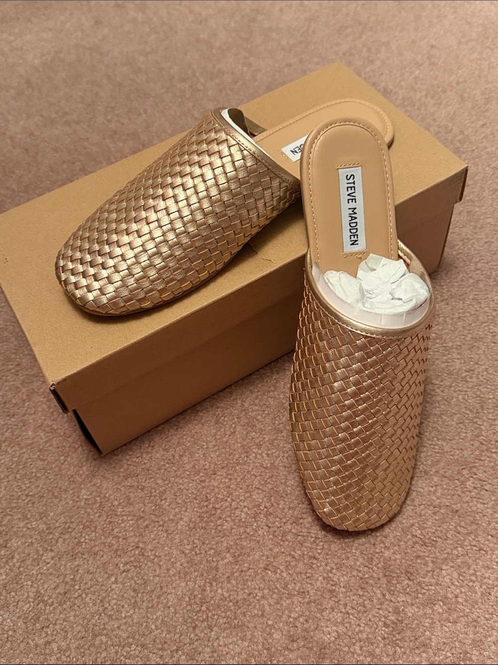 Steve Madden Metallic Rose Gold Woven Mules